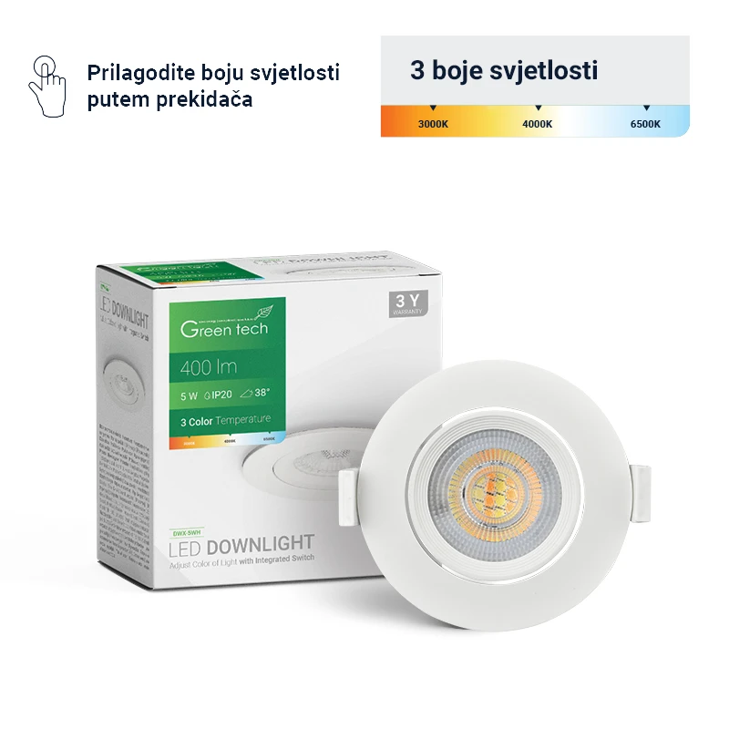 LED DOWNLIGHT 5W 3 BOJE SVJETLOSTI BIJELI